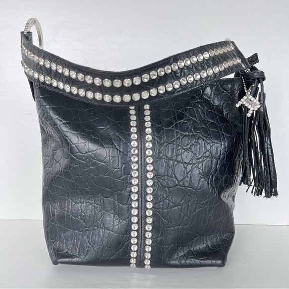 Raviani Handbags - RAVIANI Tx Genuine Black Croc Embossed Leather Silver Crystal Studded Bucket Bag